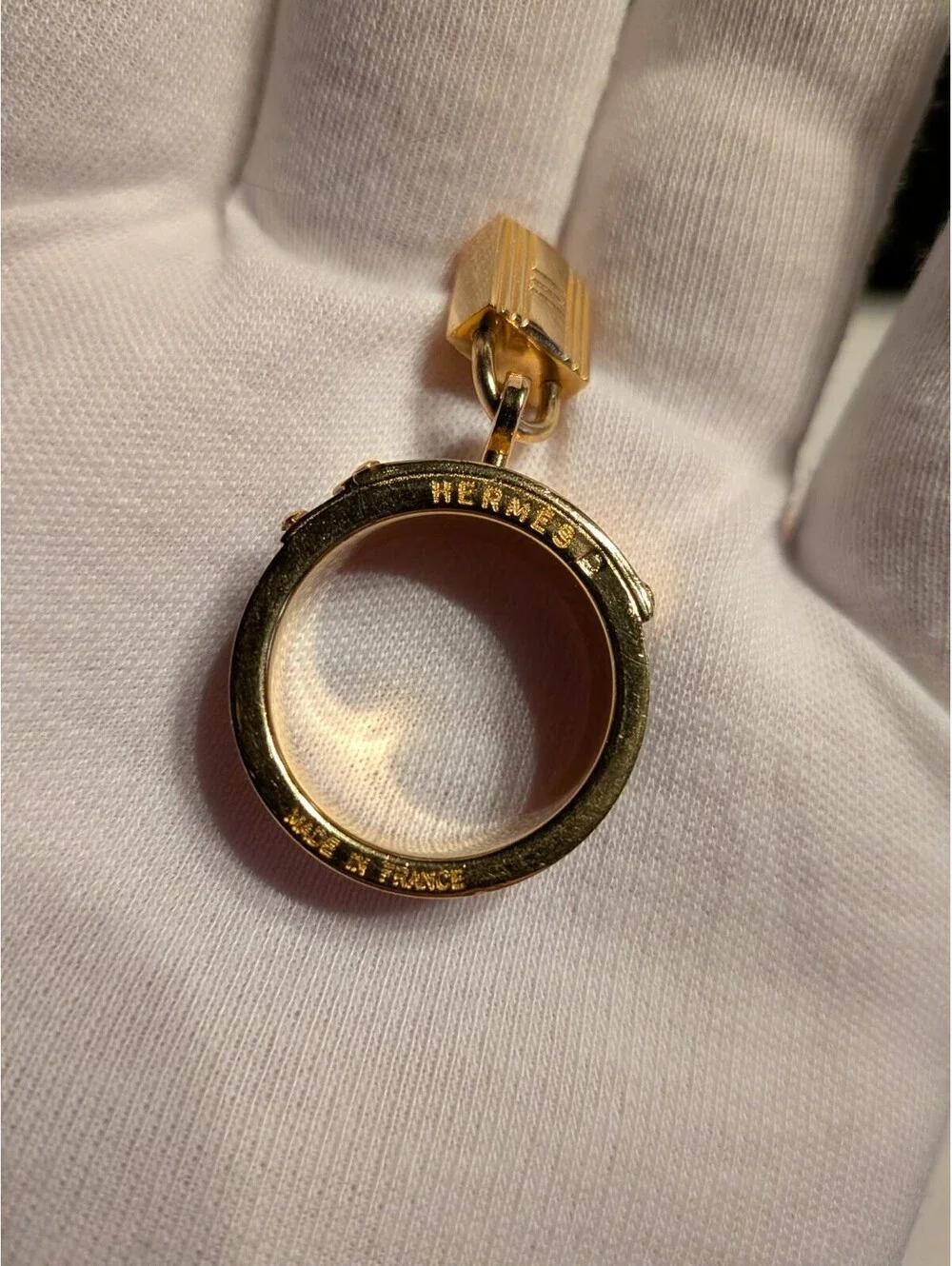 Authentic With Box! HERMES Black Kelly Scarf Ring Gold Tone Leather Charm